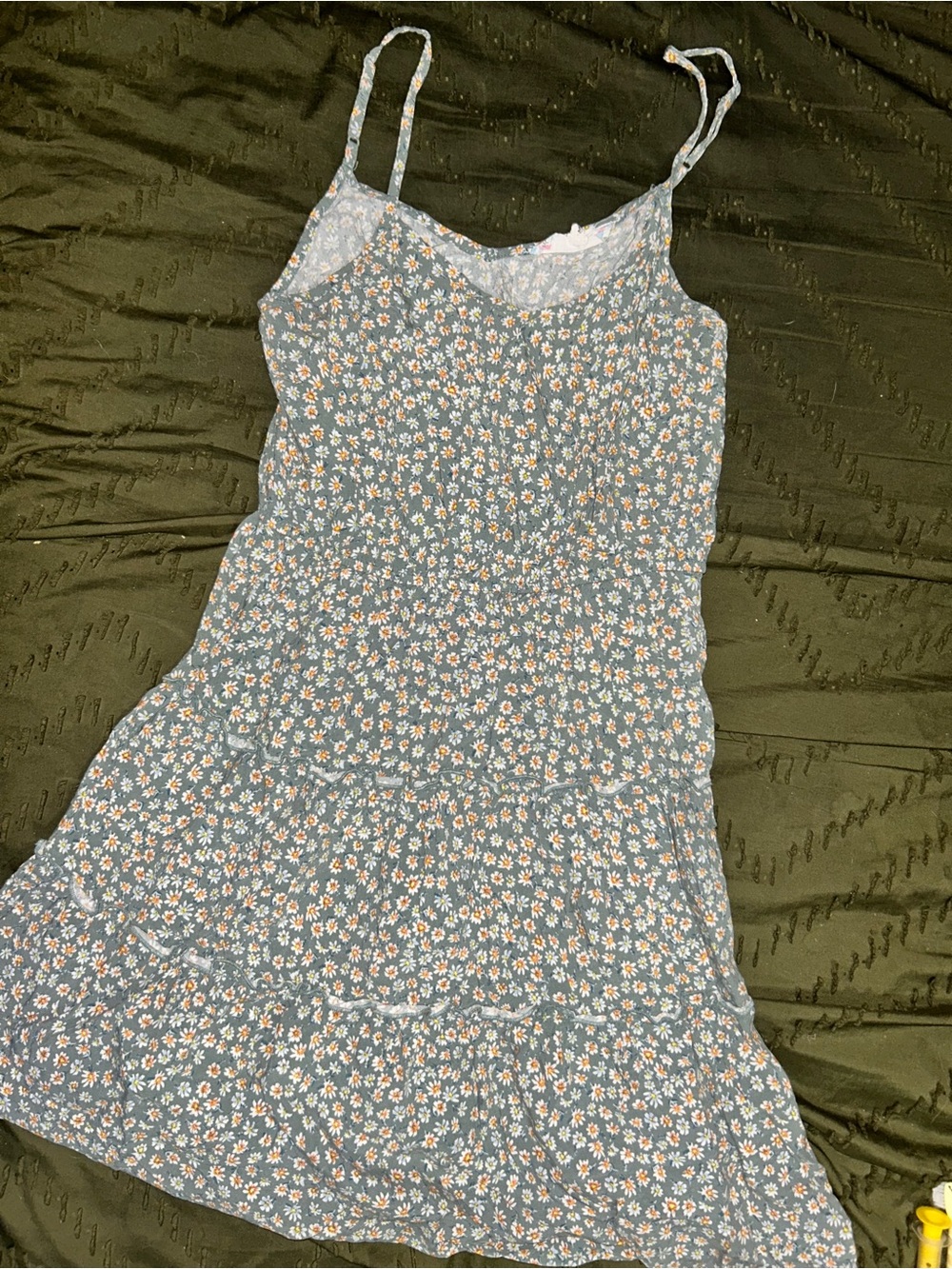 Pink Rose Sage Green Floral Tiered Mini Dress with White & Yellow Daisies